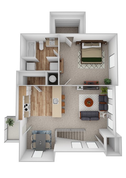 a stylized floor plan of a 1 bedroom apartment